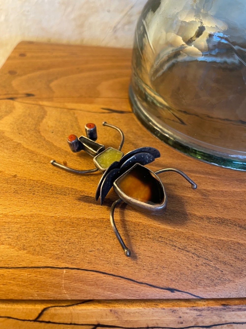 Artisan Beetle Brooch in Amber, Olive and Coral